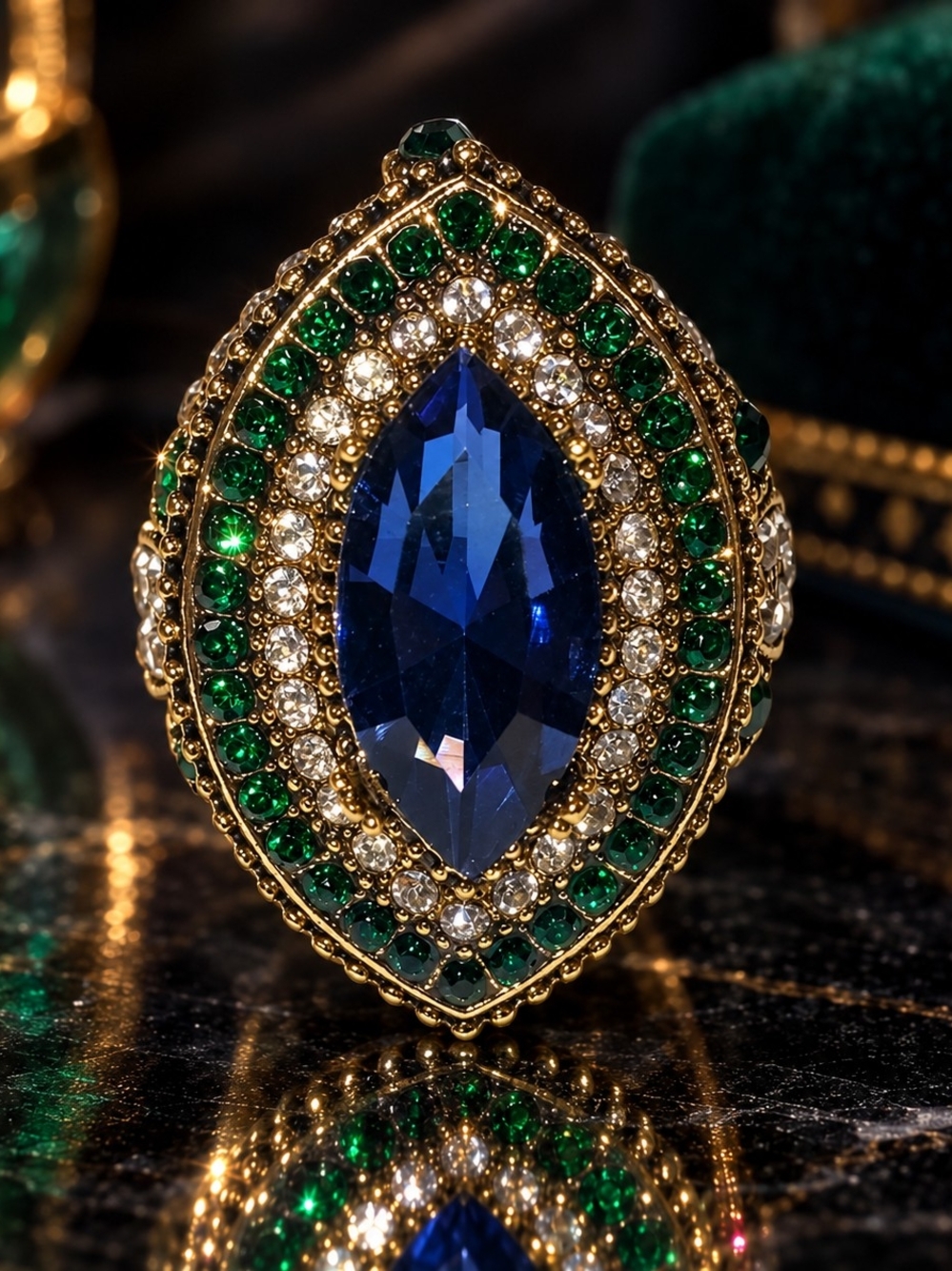 Blue Green & Clear Crystal Statement Ring Gold Tone Size 8 - Picture 2 of 3